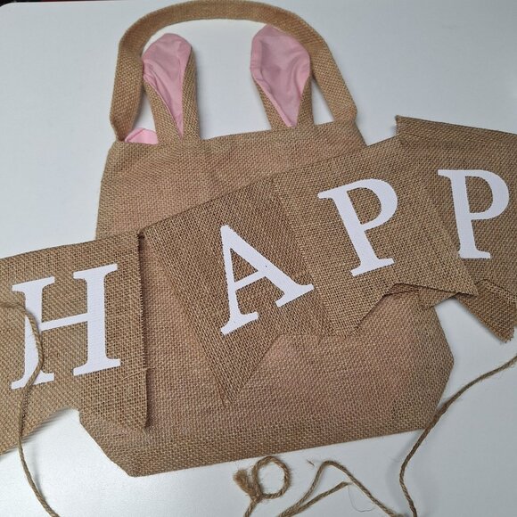 Burlap Bunny Tote Bag Happy Easter Banner Rabbit Spring Pink Ears Party Egg Hunt - Picture 1 of 7